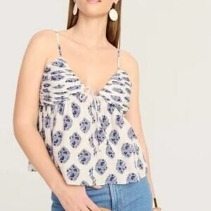 NWT J. Crew Floral Print Sleeveless Gathered Lurex Gauze Camisole 10 White Blue